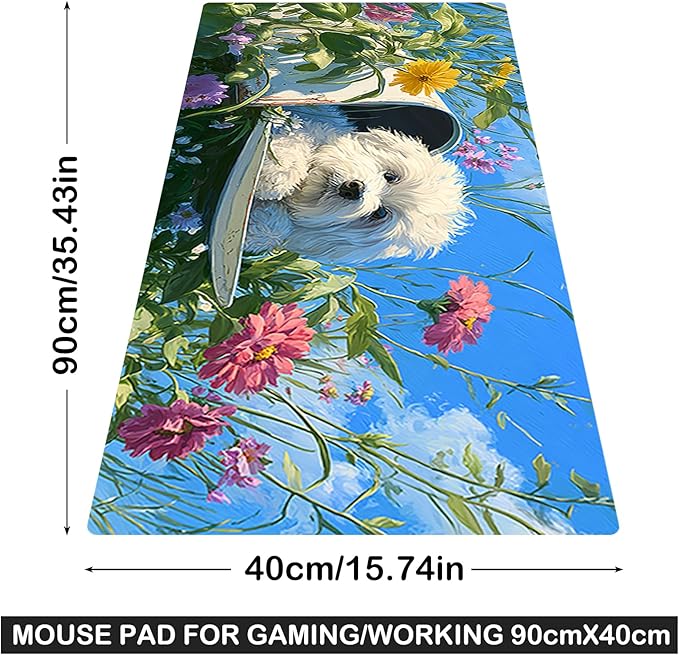 Nuxovilar Professional Large Mouse Pad & Computer Game Mouse Mat (35.4x15.7IN, Floral Puppy Art) (90 * 40cm Floral Puppy)