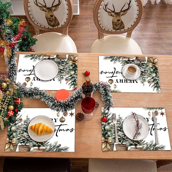 50 Pack Pine Trees Merry Christmas Balls Paper Placemats,16x 11 Inch Xmas Tree Disposable Placemats Seasonal Winter Xmas Holiday Table Mats for Kitchen Dining Christmas Party Decor