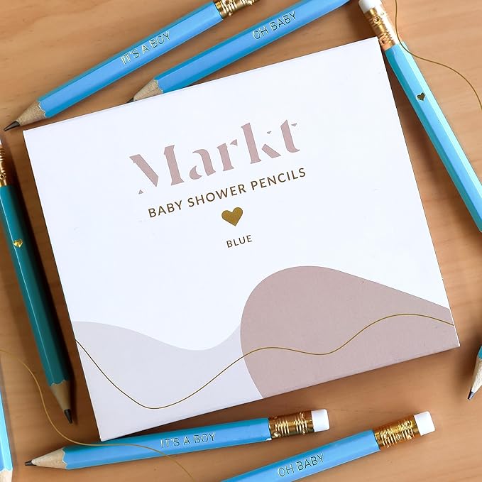 Markt Mini Pencils For Baby Shower Games Boy, Heart Pencils, Small Blue Pencil Set