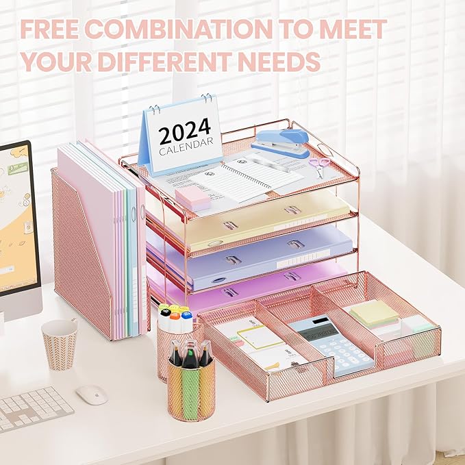 OPNICE Desk Organizer and Accessories, 4-Tier Desktop File Organizer with Drawer and 2 Pen Holders, Office Desk Accessories, File Sorters, Workspace Organizers for Office Supplies(Rose Gold)