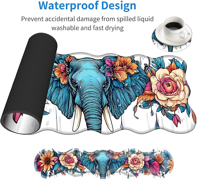 Large Mouse Pad and Keyboard Wrist Rest, Desk Pad for Keyboard and Mouse, 4-in-1 Large Gaming Mouse Pad with Wrist Support, Desk Mat for Home Office Study Game-Floral Elephant