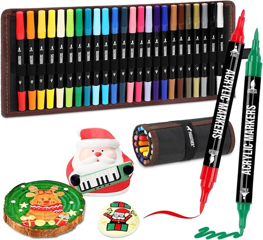 24 Colors Acrylic Paint Markers, Dual Tip with Fine Tip and Brush Tip Pens for Stone, Wood, Calligraphy, Canvas, Ceramic, Metal, Glass, Rock Painting, DIY Crafts Art Supplies Kit