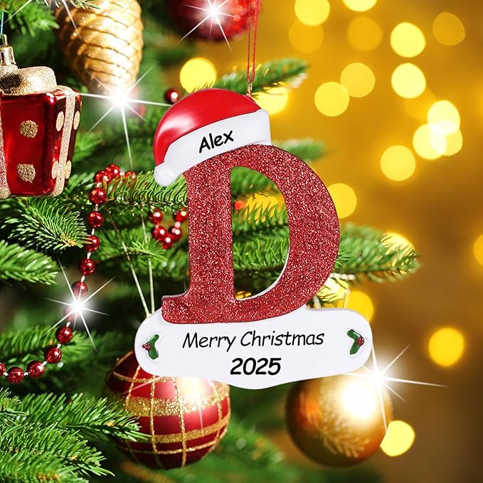 Personalized 26 Letters Ornaments for Christmas Tree 2025, Custom Christmas Ornament with Family Member's Names 3D Resin Xmas Hanging Pendant Original Gifts for Family Friends(D)