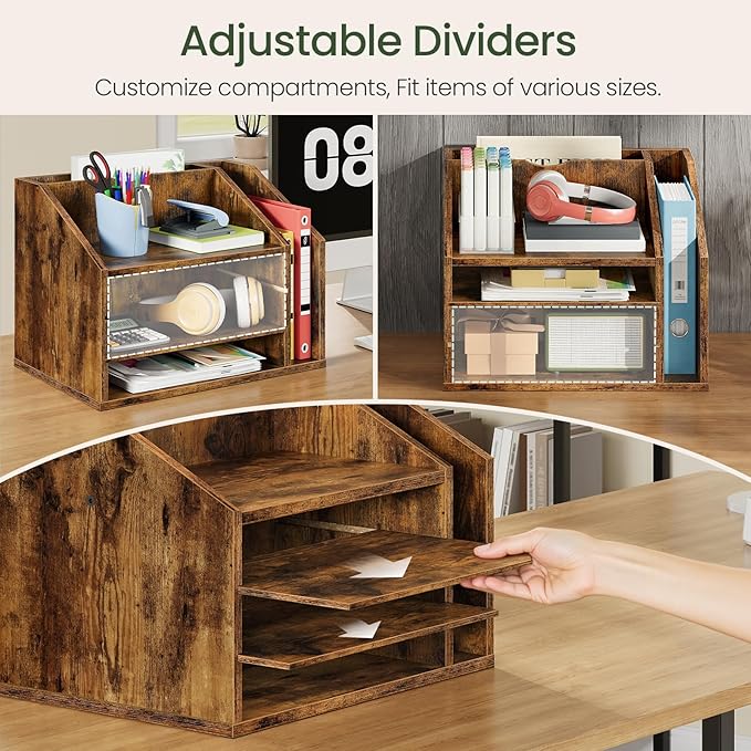 Wooden Desk Organizer with Adjustable Partitions, Multi-Layer Desktop File Holder for Home Office, Paper & Stationery Storage Organizer, Rustic Brown MWJ04FG