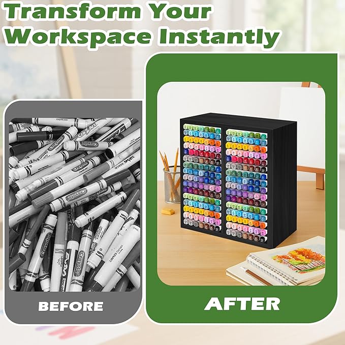 PROLEE Marker Storage Organizer for 224 Markers,Wooden Alcohol Marker Holder with 32 Slots,Markers Pens Pencils Art Supply Storage Rack for Desk Home Classroom Office Decor (Black, 15“x11”x5.2 “)
