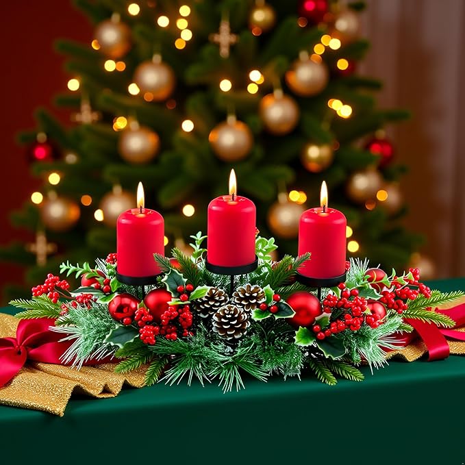 YULETIME 28" Christmas Triple Candelabrum, Holiday Candle Holder with Three Trays, Red Baubles, Natural Pine Cones, Red Berries, Green Leaves Holly, Spruce Branches, Pine Needles
