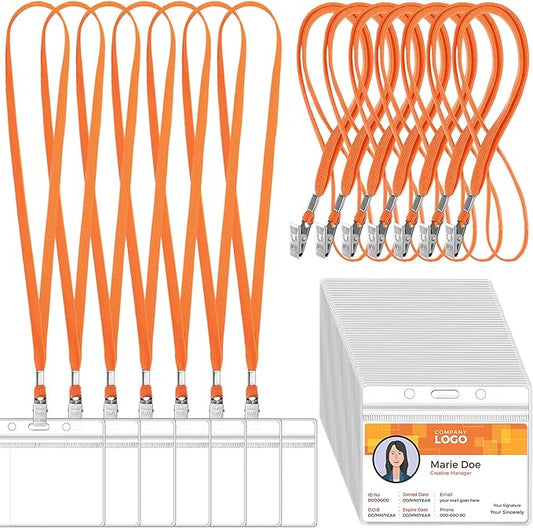 Marspark 50 Sets Clear Name Tags with Lanyard, Lanyards for ID Badges Reusable Strap with ID Holder Plastic Name Badges for Adults Business School Church Conference (Orange)