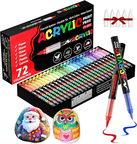 72 Colors Acrylic Paint Markers, Soft Brush Tip Acrylic Markers Set, Paint Pens for Wood, Fabric, Canvas, Glass, Stone, Canvas, Rock Painting and DIY Crafts Art Supplies