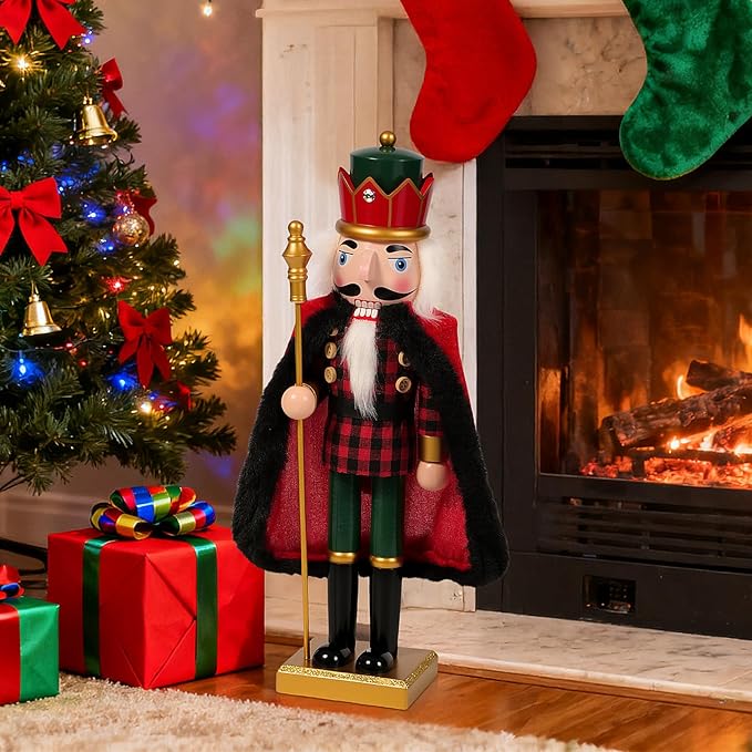 Nutcracker Christmas Decor, Wooden Nutcracker Soldier Christmas Decoration Home Mantle Table Fireplace Christmas Ornaments for Festival Party(14" RedBlack Fur Coat Staff Nutcracker)