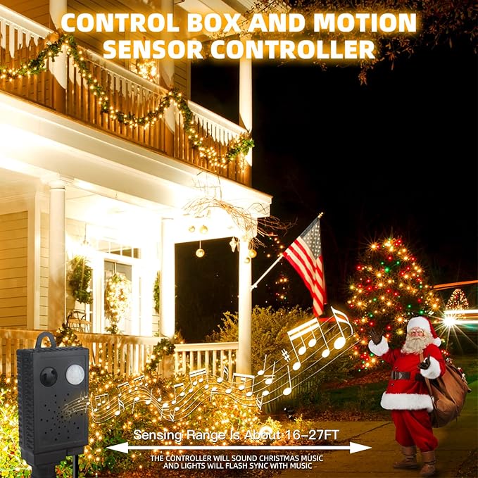 Music Motion Sensor Christmas String Lights 105ft 300 LED, Warm White Christmas Tree Light，End to End Plug In 6 Modes Christma s Lights, Waterproof for Indoor Outdoor Tree Party Yard Room Decor