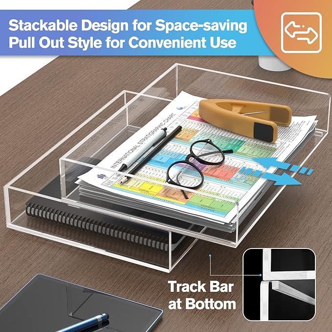 MaxGear 2-Tier Acrylic Letter Tray, Stackable Desk Paper Organizer, Clear File & Document Tray with Pull-Out, Acrylic Desk Organizer for Papers, Folders & Office Accessories