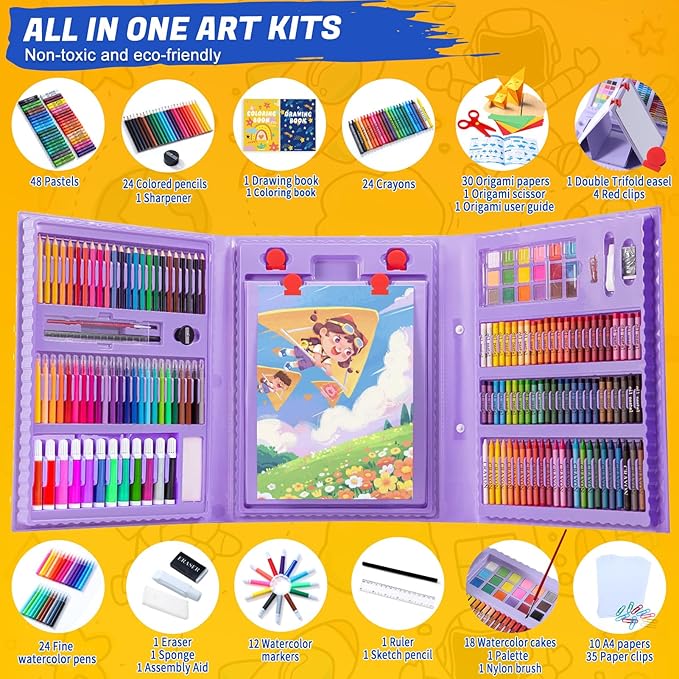 All in One Art Supplies, Art Kit Includes Easel, Origami Paper, Colored Pencils, Crayons, Drawing Book, Coloring Book, Watercolor Pens, Markers and Oil Pastels, Gifts for Girls Boys Teens, Purple