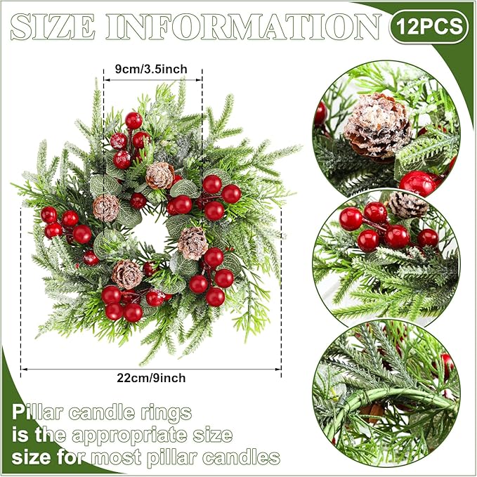 Lyrow 12 Pcs Christmas Candle Rings Wreath Xmas Kitchen Cabinet Mini Wreath Artificial Berries Snowy Pine Candle Ring Holder for Christmas Chandelier Home Table Centerpiece Indoor Decor