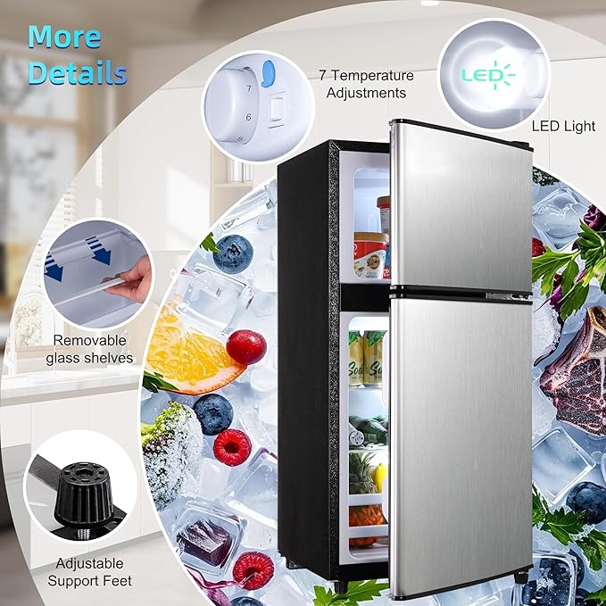 Mini Fridge with Freezer, 4.0 Cu. Ft. Double-Door Mini Refrigerator with 7-Level Adjustable Thermostat & Adjustable Glass Shelves, Compact Dorm Fridge 37 dB Low Noise for Bedroom, Apartment, Silver