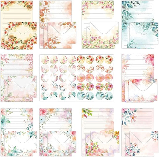 160 Packs Stationery Paper and Envelopes Set 10 Different Designs, 50 One Sided Stationery Writing Papers with 50 Matching Envelopes and 60 Round Dot Sticker, 5.5 x 8.25 Inch (Flower)