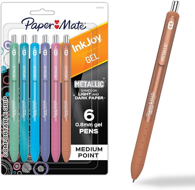 Paper Mate InkJoy Gel Pens, Metallic, Retractable, Medium Point, (0.8mm), Glittery Assorted Colors, 6 Count - Perfect for Writing, Doodling, Bullet Journaling, Glitter, Sparkle, Writing Fun