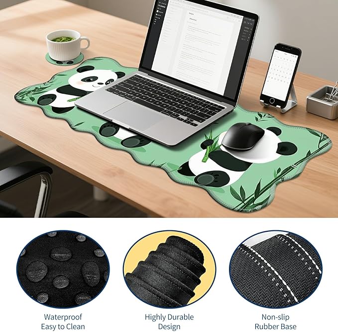 4-Piece XXL Gaming Mouse Pad Set (31.5"x11.8") with Keyboard Wrist Rest,Mouse Wrist Support & Coaster,Ergonomic Non-Slip Desk Mat for Office & Home,Cute Three Pandas