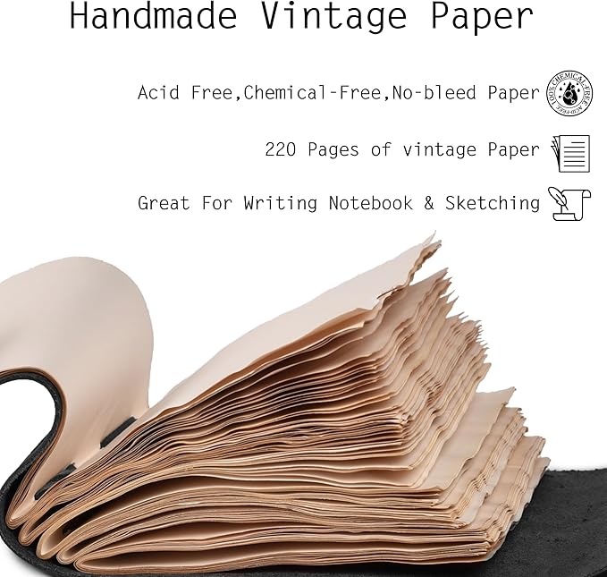 LEATHER VILLAGE Leather Bound Journal - Black, 13"X8", 220 Pages - Vintage Blank Paper Diary for Writing, Drawing, Sketchbook, and Travel Notebook - Ideal for Women and Men