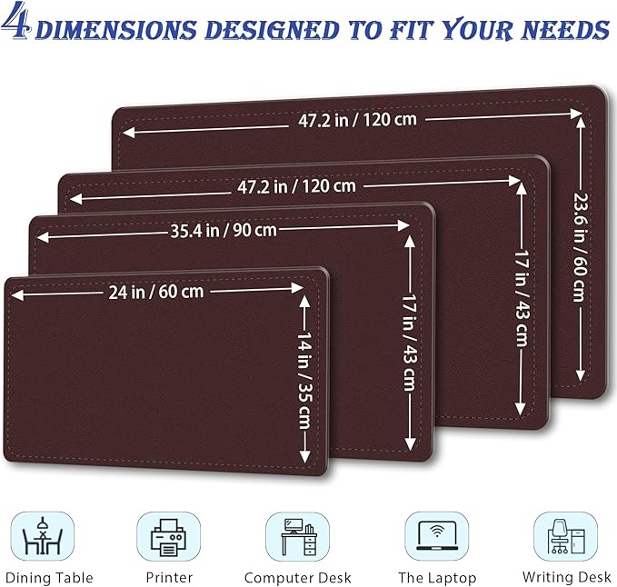 Large PU Leather Desk Pad, 47.2" x 17" Non-Slip Mat for Desktop, Office & Computer, Waterproof Blotter Pad, Keyboard Mat for Home & Office (Brown Coffee)