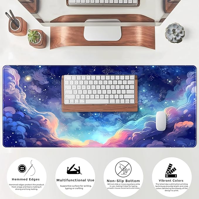 Pastel Anime Space Desk Mat Nebula View Cute Aesthetic Desk Pad Stars Galaxies Deep Dark Blue Cosmos Large Mouse Pad Extended Gaming Mousepad XL Laptop Keyboard Mouse Mat 31.5"x11.8"