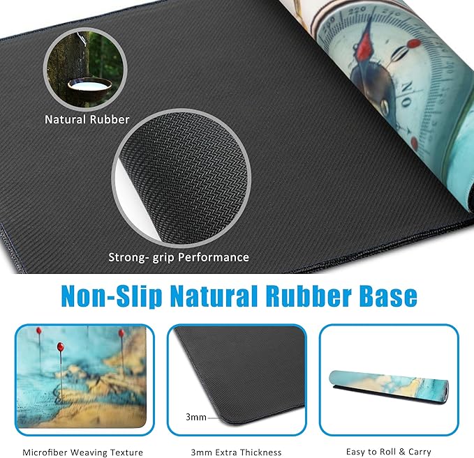 Mouse Pad,Compass on World Map Desk Mat for Desktop,Desk Pad with Non-Slip Base and Stitched Edge,Extended Mousepad for Office and Home 35.4X15.7 Inch