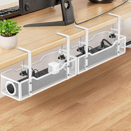 Under Desk Cable Management Tray - GZOKMOG No Drill Cord Organizer with Clamp, Workspace Organizers for Cords, Metal Mesh Wire Management for Home and Office, 2 Pack White, 13.38 inch