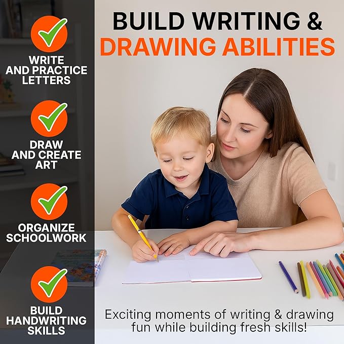 Mintra Primary Composition Notebook, 4 Pack, Assorted Colors 80 Sheets, 7.5in x 9.75in, 1/2 Sheet, Ruled with Drawing Area, Flexible Hardcover Journal, Grades K-2, School & Home Use