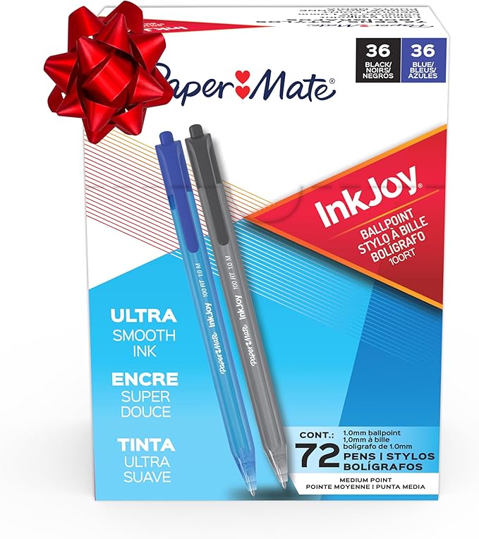 Paper Mate InkJoy 100RT Ballpoint Pens, Medium Point (1.0mm), Black and Blue Ink, 72 Count