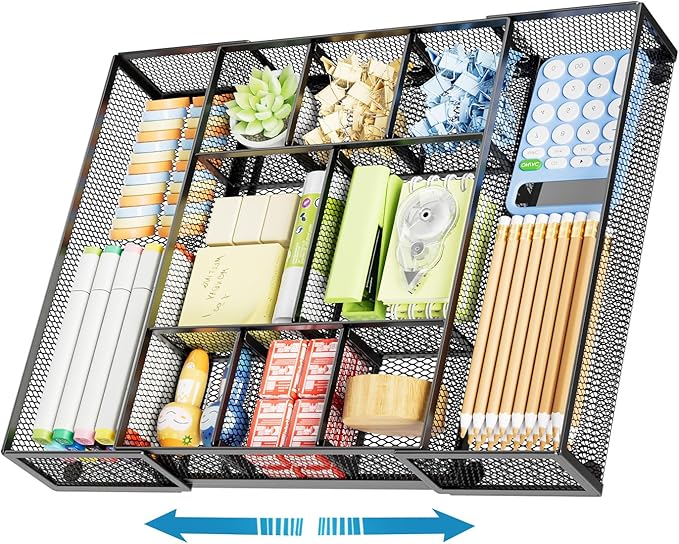 Marbrasse Expandable Desk Drawer Organizer, Mesh Drawer Organizer Tray with 10 Adjustable Compartments, Desk Organizers and Accessories, 5 Dividers Drawer for Office Supplies, Makeup & Vanity (Black)