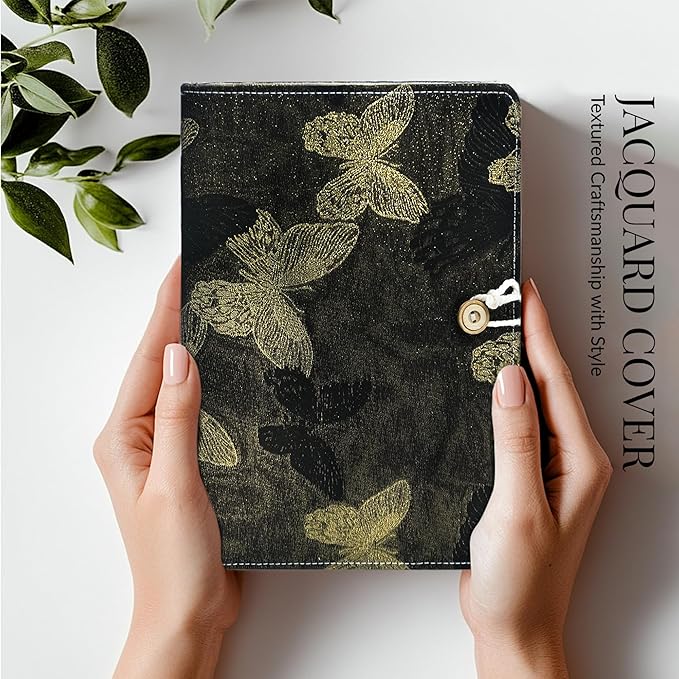 Luxury Refillable Notebook with Grid Pages, Loose Leaf Hardcover 6-Ring Planner, Shimmering Black & Gold Embroidered Butterfly Journal for Study, Work, or Gifts (A6)
