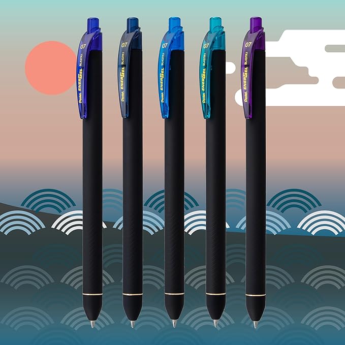 Pentel EnerGel Kuro Shades of the Ocean, Retractable Liquid Gel Pen, Assorted Ink Colors, Pack of 5 (BL437OCNPF5)