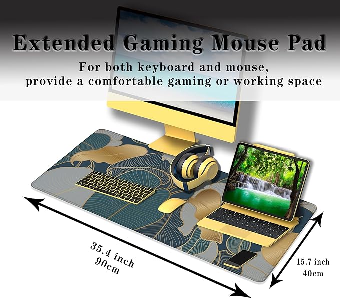Mouse Pad for Women Gold Blue Desktop Pad Gaming Mouse Pads Large Mousepad Office Pad Waterproof Non-Slip Rubber Base 35.4" X 15.7" for Game Office, Precious Leaves of The Jungle
