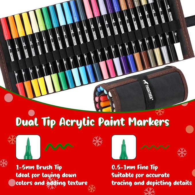 24 Colors Acrylic Paint Markers, Dual Tip with Fine Tip and Brush Tip Pens for Stone, Wood, Calligraphy, Canvas, Ceramic, Metal, Glass, Rock Painting, DIY Crafts Art Supplies Kit