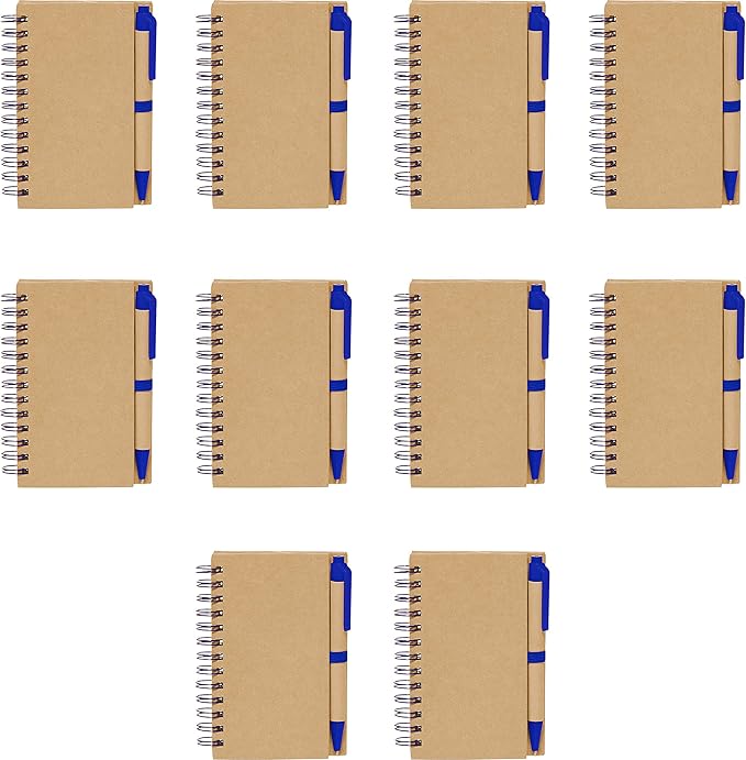Mini Spiral Notebooks with Black Ink Pens Set of 10, Bulk Pack - Perfect for School, Office, Business, Home - Blue