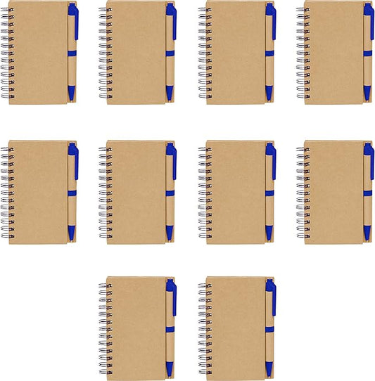 Mini Spiral Notebooks with Black Ink Pens Set of 10, Bulk Pack - Perfect for School, Office, Business, Home - Blue