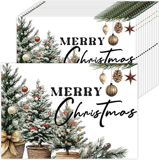 50 Pack Pine Trees Merry Christmas Balls Paper Placemats,16x 11 Inch Xmas Tree Disposable Placemats Seasonal Winter Xmas Holiday Table Mats for Kitchen Dining Christmas Party Decor