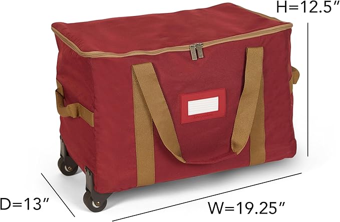 Covermates Keepsakes Rolling Christmas Light Storage Bag - Carrying Handles, ID Window, Dual Wheels - Holiday Storage, Red