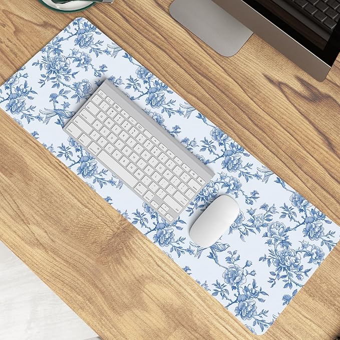 Light Blue Chinoiserie Mouse Pad,Vintage Blue and White Floral Desk Mat,XL Large Vintage Flowers and Birds Preppy Mouse Pad,Girly Laptop Desk Mat for Dorm Home Office,31.5x11.8 Inch
