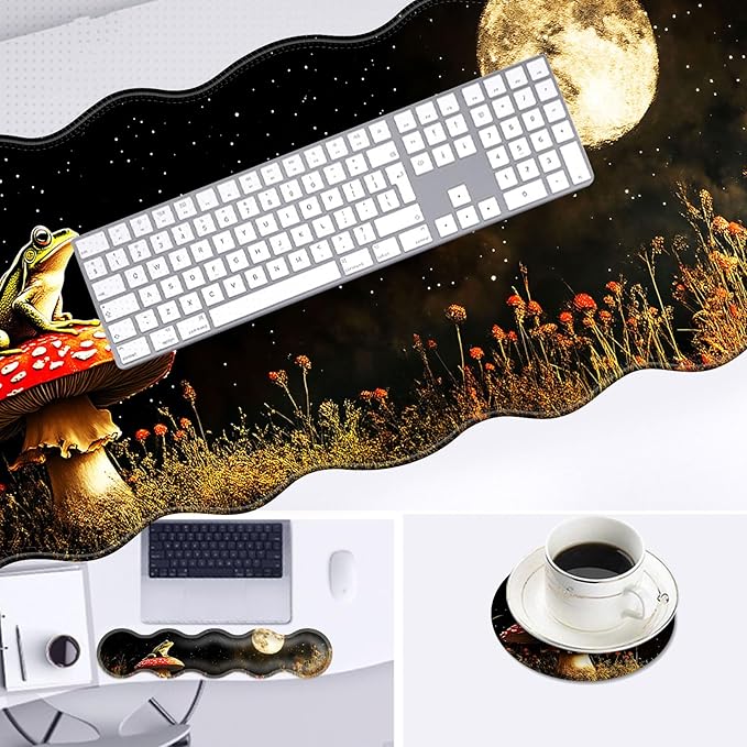 Large Mouse Pad and Keyboard Wrist Rest, Desk Pad for Keyboard and Mouse, 4-in-1 Large Gaming Mouse Pad with Wrist Support, Desk Mat for Home Office Study Game-Cute Frog on Mushroom Moon