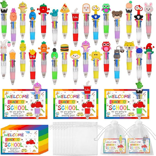 CZWZ 30 Set Cute Multicolor Pens in One 4-in-1 Fun Pens Bulk with 30 Gift Cards for Kindergarten Party Welcome Back To School Student Gift Bulk Office School Exchange Gifts