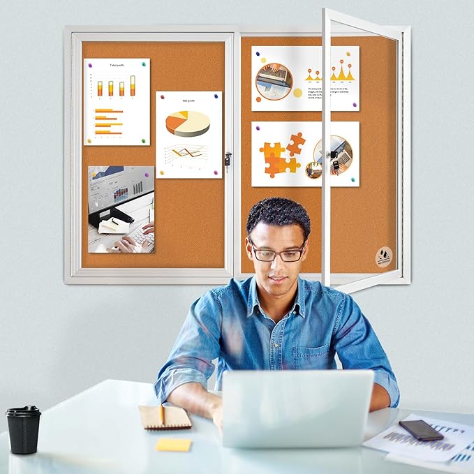 Lockable Outdoor Enclosed Bulletin Board, Weatherproof Cork Noticeboard with Locking Door, Wall-Mounted Aluminum Framed Display Case for Messages (Silver Frame & Cork, 44x32 in)