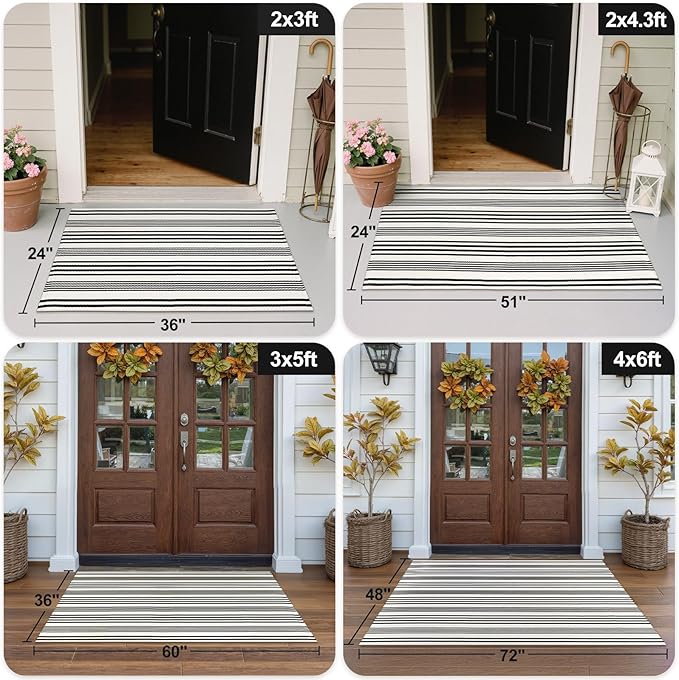 OJIA Black and White Outdoor Rug 3' x 5', Machine Washable Front Door Mats Outdoor, Cotton Hand-Woven Striped Porch Rug Entryway Rug Indoor/Outdoor Area Rug Floor Mat for Farmhouse/Living Room