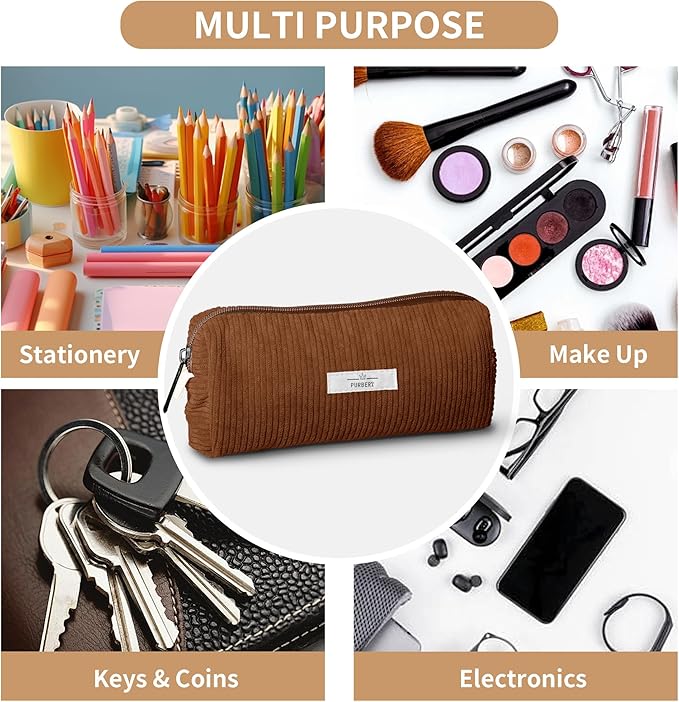 Pencil Bag Pen Case, Soft Corduroy Small Pencil Pouch Organizer with Zipper, Cute Pencil Case Pouch Stationery for Girls and Boys – Brown