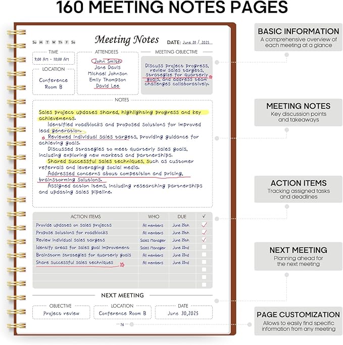 Meeting Notebook for Work Organization - Work Planner Notebook with Action Items, Agenda Planner for Note Taking, 160 Pages (6.9" X 9.9") Project Organizer for Men & Women - Rust Brown