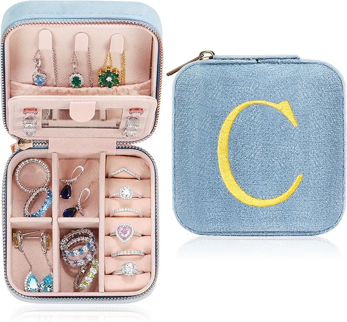 Parima Birthday Gifts for Women Girls - Plush Velvet Travel Jewelry Case Organizer Small Blue Jewelry Box Travel Essentials Birthday Gifts for Women Mom Grandma Friends Her Teen Girls - Letter C, Blue
