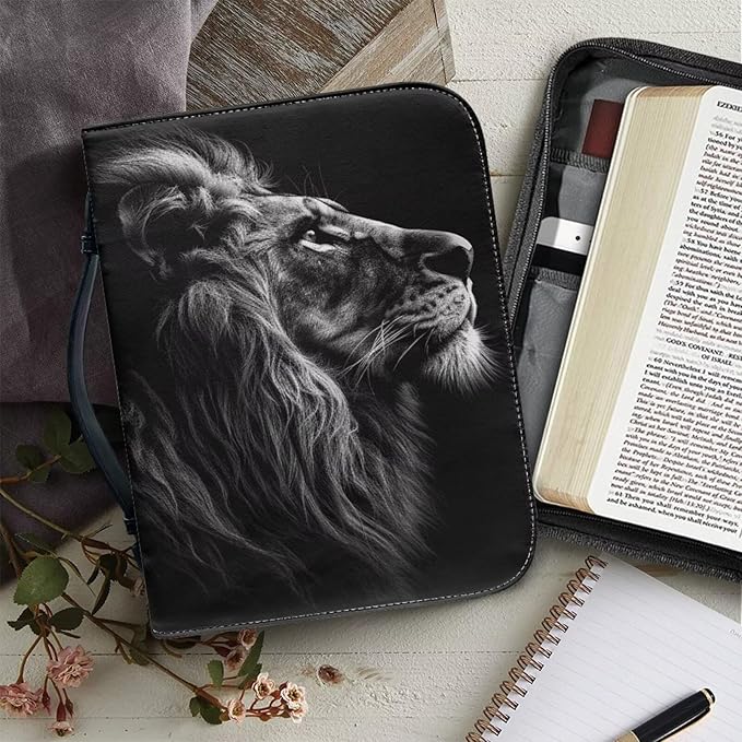 Lotusorchid Lion Print Faux Leather Bible Covers for Men, Portable Zippered Bible Carrying Case Bible Tote Bag for Women Girls, Christian Bible Study Accessories, Black, L