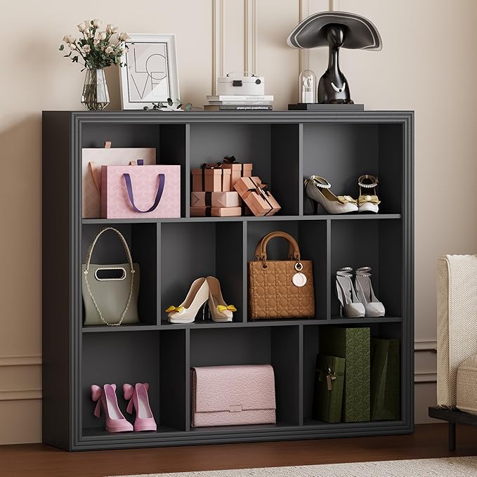 Wooden 10-Cube Storage Organizer, 3-Tier Bookshelf, Wood Black Bookshelf, Bookcase, Cubical Storage Shelf with 3 Removable Back Panels for Bedroom Home and Office