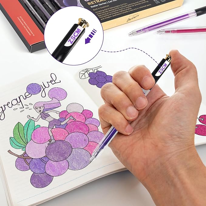 Retractable Glitter Gel Pens, 12 Colors Large Capacity Purple Glitter Metallic Gel Ink Pens, 1 mm Fine Point Smooth Writing Color Pens for Adult Coloring Book Note Taking Aesthetic Art Supplies