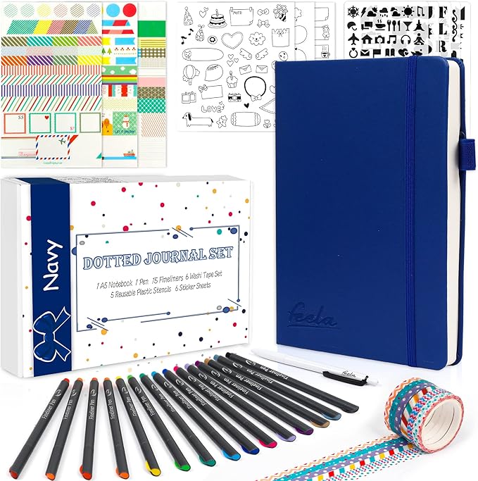 feela Dotted Journal Kit, Dot Grid Journal Hardcover Planner Notebook Set For Beginners Women Girls Note Taking with Journaling Supplies Stencils Stickers Pens Accessories, A5, 224 Pages, Navy
