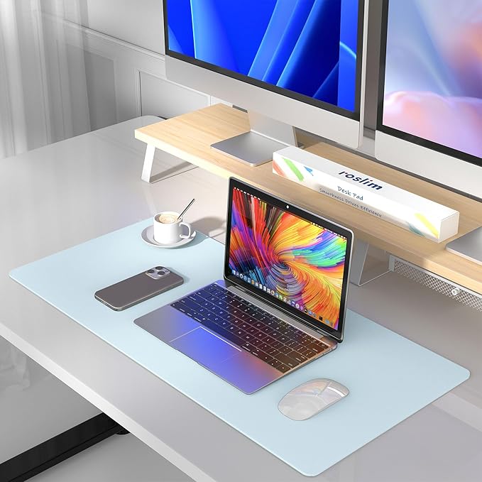 Leather Desk Pad Protector, Mouse Pad, Non-Slip Computer Mat for Desk, PU Leather Office Desk Mat for Home & Office, Waterproof Laptop Desk Blotter for Keyboard and Mouse, Baby Blue (13.7''X23.6'')